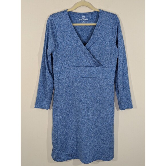 SCOTTeVEST Blue Faux Wrap Long Sleeve Daphne Dress Medium Zip Pockets - Picture 2 of 10